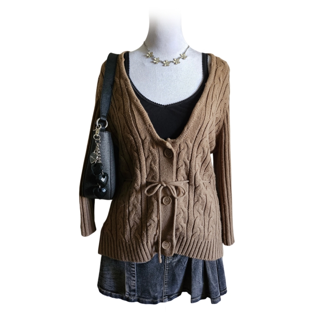 Covington tan cable knit cardigan with tie waist cute